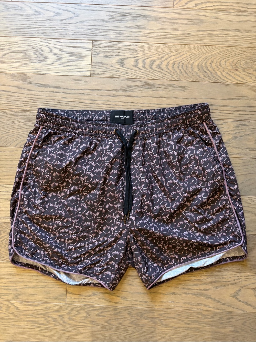 The Kooples Men's Brown Printed Swim Trunks with Pink Accent